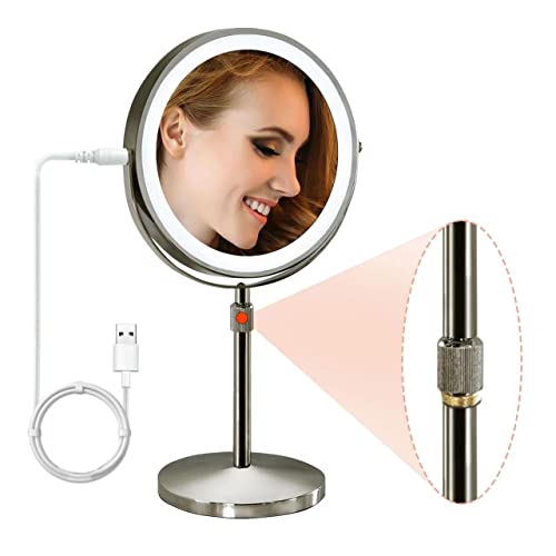 Lighted Magnifying Makeup Mirror with Lights,Height Adjustable,1x/10X Rechargeable Magnified Vanity Mirror with 3 Color Lights,360° Rotation Ligh