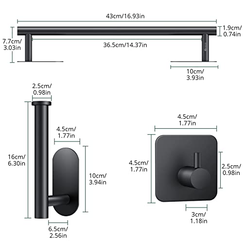 Black Towel Rail Set,JiGiU 5 Pieces Self Adhesive Bathroom Hardware Kit 16 inch Hand Towel Holder,Toilet Paper Holder & 3 Towel Hook SUS304 Stain
