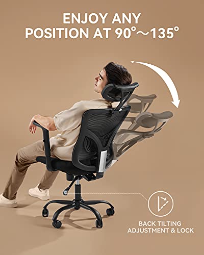 NOBLEWELL Office Chair, Desk Chair with 2'' Adjustable Lumbar Support, Headrest, 2D Armrest Task Chair, Ergonomic Office Chair Backrest 135° Free