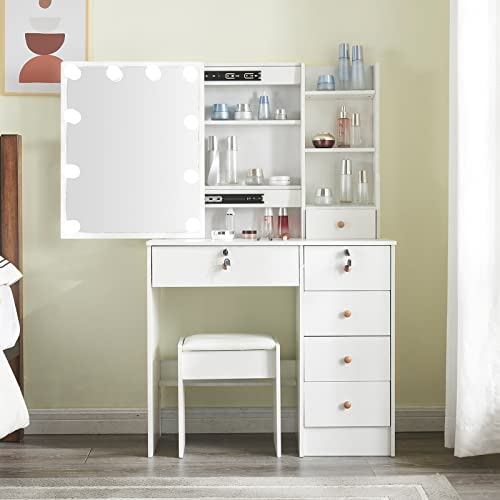 Makeup Vanity Desk with Lights & Mirror, Large Vanity Set with Storage Drawers & Stool, Bedroom Dresser Desk Vanity Table, White (Modern Vanity D