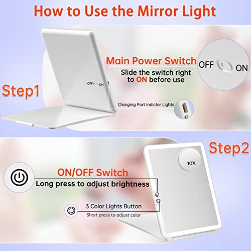 FUNTOUCH Rechargeable Makeup Mirror with Light, Portable Lighted Travel Mirror with 10X Magnifying, 3 Colors Light Modes, Touch Screen Dimming Fo