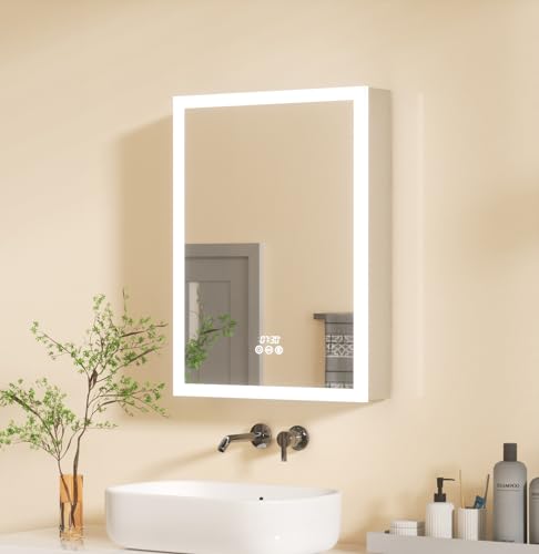 LUVODI Bathroom Mirror Cabinet with Lights: 500x700mm Illuminated LED Mirror Medicine Cabinet with Front + Inside Light Defogger, 3 Dimmable Colo