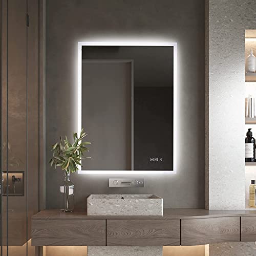 furduzz IL-02-60 Illuminated Backlit LED Bathroom Mirror, 600x450mm Wall Mounted Multifunction Bathroom Vanity Mirror with Touch Button 3 Colour