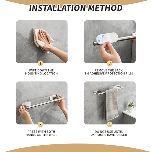 Self Adhesive Single Towel Rail, 40cm Stainless Steel Bathroom Towel Holder Tack Towel Holder for Bathroom, Kitchen, Easy to Install without Dril