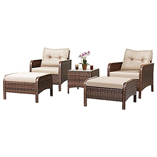 DLOETT 5 PCS Rattan Wicker Furniture Set Sofa Ottoman W/Brown Cushion Patio Garden Yard
