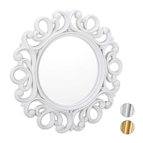 Relaxdays Round Wall Mirror, Decoration for Hallway, Bathroom, Living Room & Bedroom, Frame, Ornament, ∅ 50 cm, White