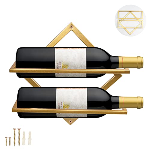 Metal Wall Mounted Wine Holder, Upgrade Foldable Hanging Wall Wine Rack Organizer for 2 Liquor Bottles, Red Wine Bottle Display Hanger with Screw