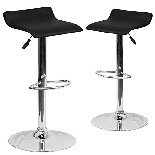 Flash Furniture 2 Pack Contemporary Vinyl Adjustable Height Barstool with Solid Wave Seat and Chrome Base, Fabric, Black, Set of 2