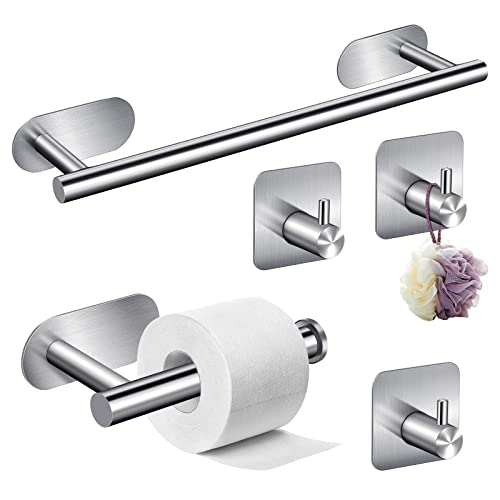 Self Adhesive Towel Rail, 5 in 1Bathroom Accessories Kit for Bathroom & Kitchen Silver Towel Rail Bath Towel Holder Toilet Holder Wall Mounted No