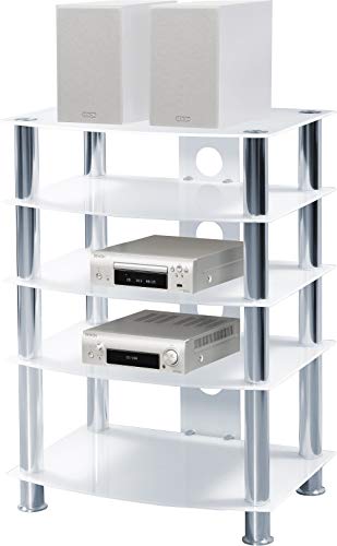 Homeology GALAGO 5-Shelf Premium Opti-White Glass with Silver Legs AV Rack