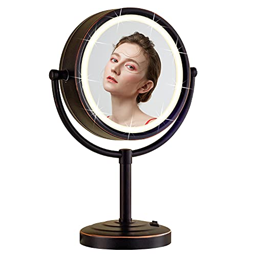 DOWRY Magnifying Mirror with LED Lights 10x Gold Illuminated Shaving Mirror Free Standing Mirror for Dressing Table 360 ° Rotatable Double Sided