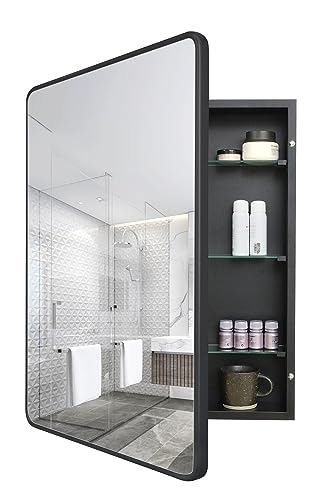 FOMAYKO Farmhouse Black Metal Framed Recessed Bathroom Medicine Cabinet with Mirror Rounded Rectangle Vanity Mirros for Wall 22x30 inch