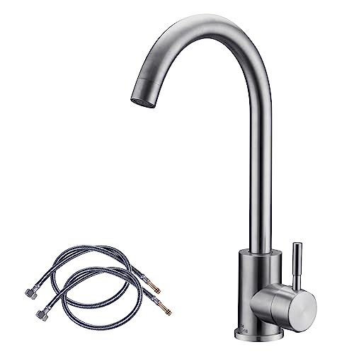 Kitchen Sink Mixer Tap SUS304 Stainless Steel Monobloc Mixer Taps with 360º Swivel Spout High Arc Single Lever Kitchen Faucet 1 Hole Mono Basin F