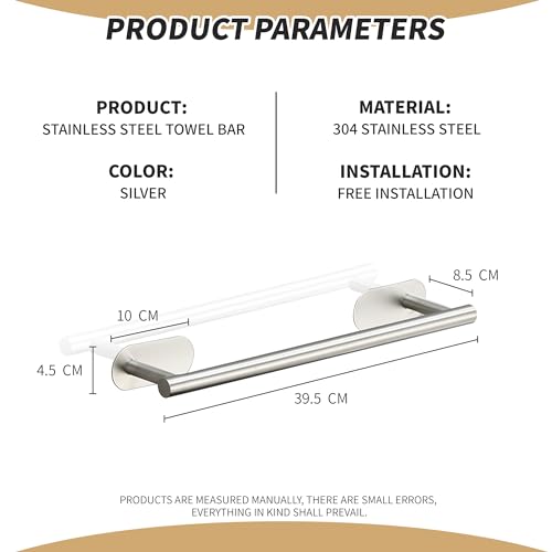 Self Adhesive Single Towel Rail, 40cm Stainless Steel Bathroom Towel Holder Tack Towel Holder for Bathroom, Kitchen, Easy to Install without Dril