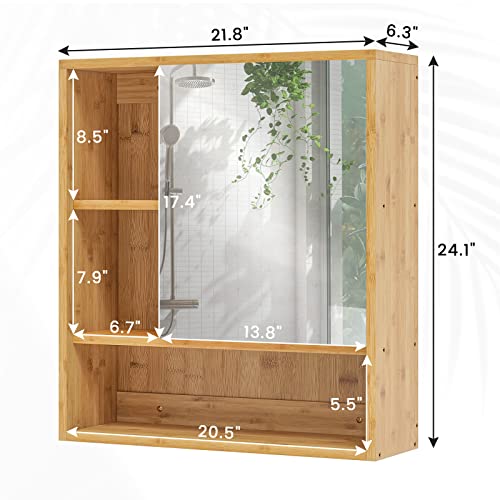 FORABAMB Medicine Cabinet with Mirror, Bathroom Vanity Mirror Cabinets Wall Mounted with Storage Shelves, Bamboo Hanging Wall Cabinet with Door a