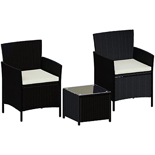 Garden Vida Bali 2 Seater 1 Square Table Rattan Set With Cushions Outdoor Garden Patio Furniture 3Pcs (Black)