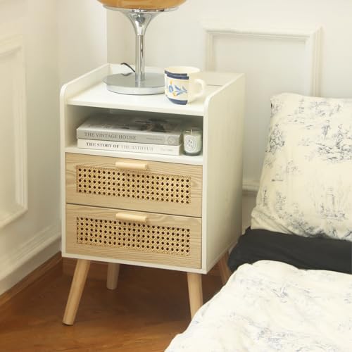 MaxSmeo White Nightstand with Rattan Drawers, Mid Century Modern Bedside Table, Boho Wood Nightstand for Living Room and Bedroom, White