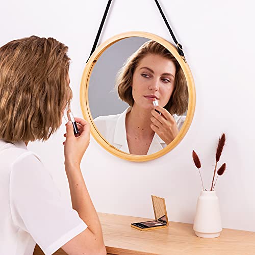 Navaris Round Hanging Mirror - Small Bamboo Wall-Mounted Contemporary Modern Design Mirror with Adjustable Strap for Living Room, Bedroom, Hallwa
