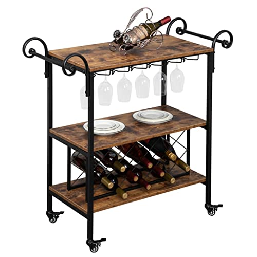 DSHGDJF 2-Layer Double-Armrest Diamond Wine Bottle Rack 1.5mm Thick Fire Pattern Density Board Movable Iron Wood Wine Cart