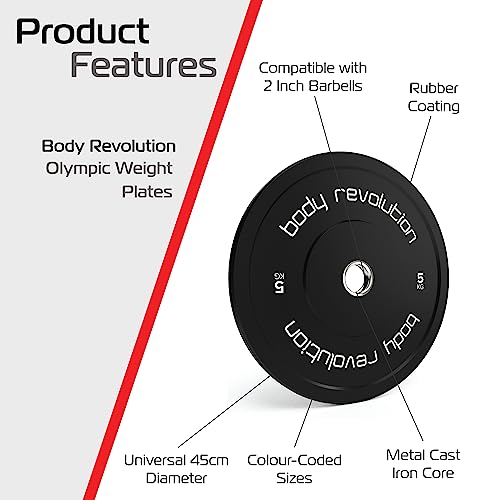 Body Revolution Olympic Bumper Plates - 5kg Weight Plates Set - Rubber Coated 25mm / 2 Inch Olympic Weight Plates Pairs for Barbell Weights - Str