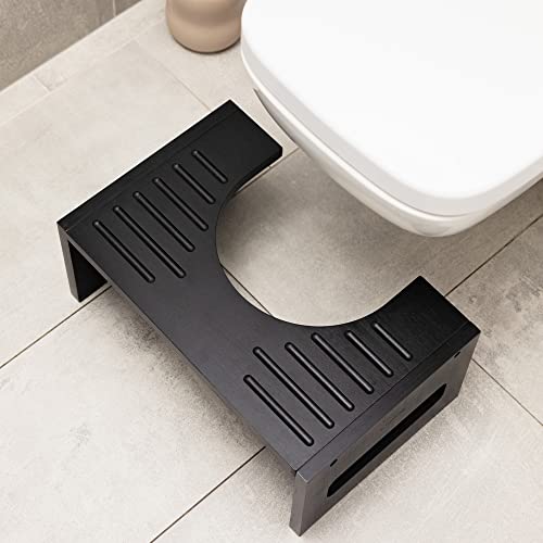 Navaris Toilet Stool for Adults - Squatting Adult Step Footstool for Use on Bathroom Toilet - Bamboo Step for Toilet Squat Position - Black