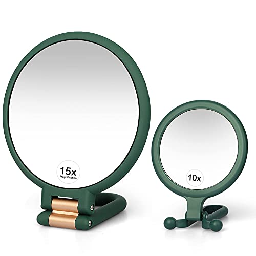 Linkstyle 2 Pieces Magnifying Makeup Mirrors, Hand Mirrors Double Sided with 1/10/15X Magnification, Beauty Vanity Mirror Travel Folding Portable