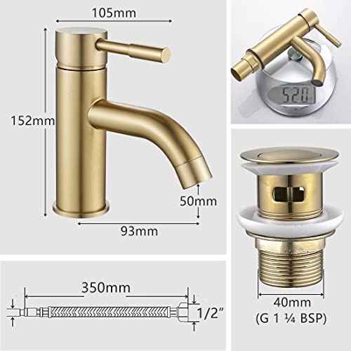 NewEast Gold Basin Taps Mono Single Lever Bathroom Sink Mixer Tap with Pop Up Waste