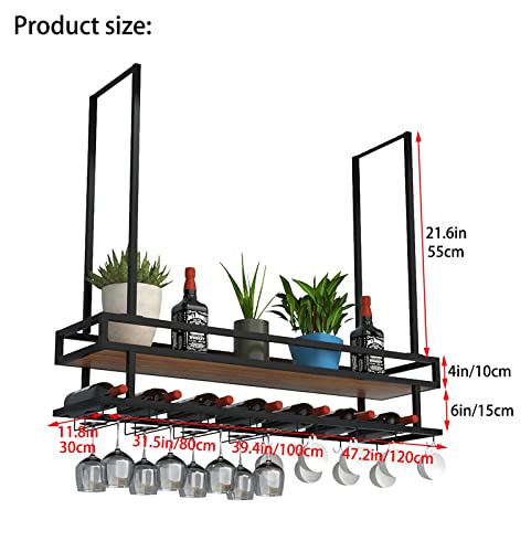 EYLINK Wine Storage Racks, Industrial Hanging Wine Rack with Glass Holder and Guard Rail, Ceiling Mount Floating Shelf 2 Tier, for Kitchen/Restau