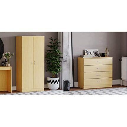 Vida Designs Riano 2 Door Wardrobe, Pine with Shelf & Hanging Rail Wooden Bedroom Storage Furniture & Pine Chest of Drawers, 4 Drawer With Metal