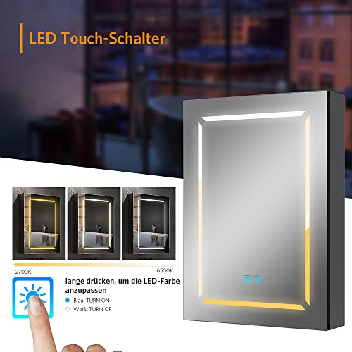 Quavikey® Bathroom Mirror Cabinet with Lights and Shaver Socket Black LED Medicine Cabinet Wall Mounted with Shelf 3 Color Temperature Adjustment