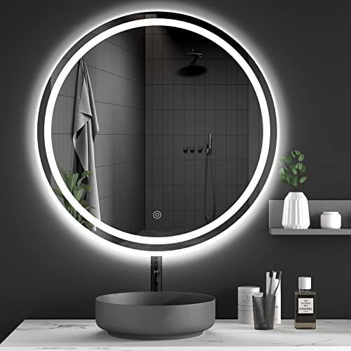 Dripex 600mm Round Bathroom Mirror with LED Light, Illuminated Wall Mounted Vanity Mirror with Demister, Anti-fog Large Circle Makeup Mirror, 3-C
