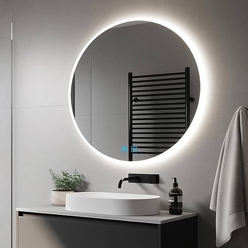 Finmrys Round Bathroom Mirror with LED Lights 500 mm Illuminated Bathroom Mirror with Demister Wall Mounted Bathroom LED Mirror Dimmable 3 Colour