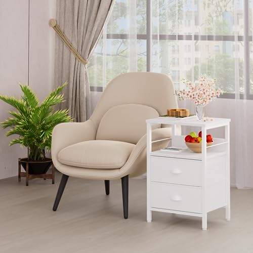 Furologee Nightstand with 2 Fabric Drawers, White Beside Table, End Table with 2-Tier Shelf, Side Table with Hooks and Wood Top for Bedroom/Livin