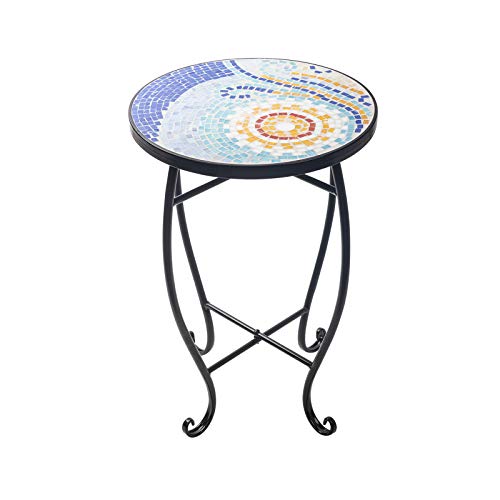 display4top Mosaic Round Outdoor Accent Table,Plant Flower Stand,Round Side Table (Green)