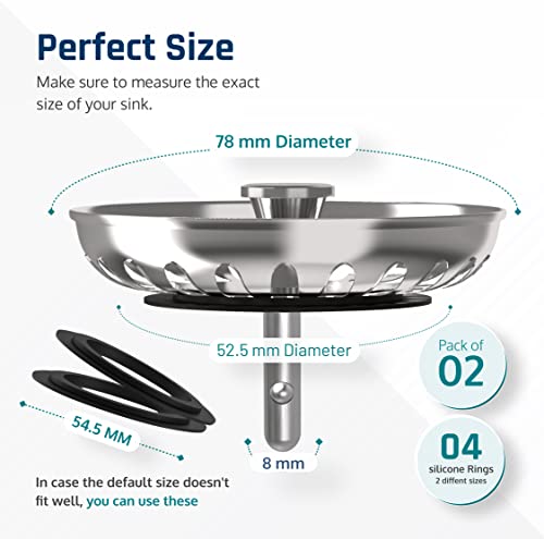 Nuelex 2Pcs Kitchen Sink Plugs of 78mm Diameter with 2 Bonus Multi-Size Silicone Seals – 304 Stainless Steel Leak-Proof Kitchen Sink Strainer Plu