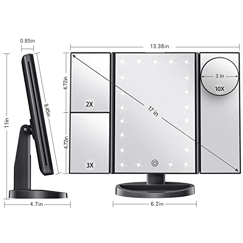 HUONUL Makeup Mirror Vanity Mirror with Lights, 2X 3X 10X Magnification, Lighted Makeup Mirror, Touch Control, Trifold Makeup Mirror, Dual Power
