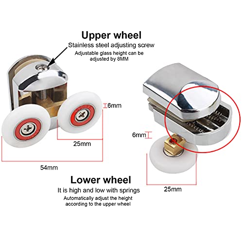 Shower Door Rollers, 4pcs 25mm Sliding Shower Doors Wheels Replacement Roller Runner Wheel 2 Top & 2 Bottom Chrome Plated Door Roller