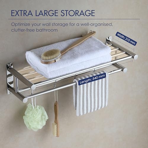 Eridanus Bathroom Towel Rack with Sliding Hooks, Stainless Steel Towel Holder with Dual Row Towel Shelf, Wall-Mounted Towel Rail, Hotel Style Sho