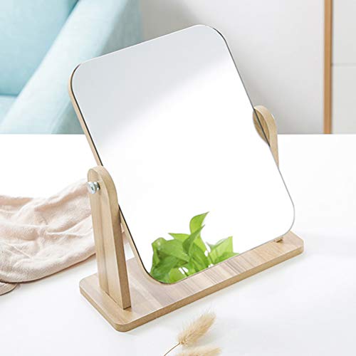 FRCOLOR Makeup Mirror with Wooden Stand 360 Degree Rotatable Vanity Makeup Mirror Portable Tabletop Mirror for Bathroom Shaving (L)