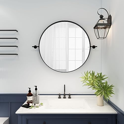 Black Pivot Round Mirror 30 Inch Circle Metal Framed Farmhouse Bathroom Mirror Tilting Beveled Vanity Mirrors for Wall