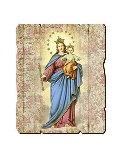 Fratelli Bonella | Vintage Style Shaped Wooden Picture by Mary Help of Christians 19x24 cm | Made in Italy