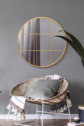 MirrorOutlet The Circulus - Solid Gold Metal Framed Window Modern Round Circular Wall Mirror 31" X 31" (80CM X 80CM) Silver Mirror Glass with Bla