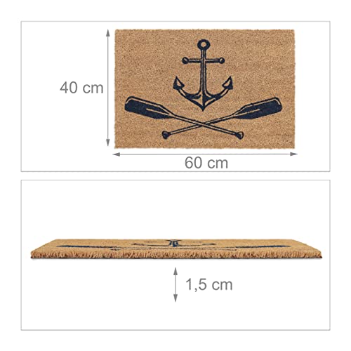 Relaxdays Nautical Anchor and Oars Doormat Coir, 40x60 cm, Door Mat Inside & Outside, Non-Slip, Dark Blue/Natural Coir