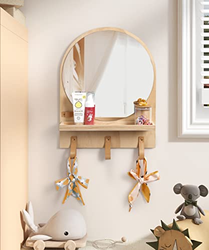 Gronda Bathroom Mirror with Shelf, Kids Wall Hanging Mirror Wood Framed Mirror 48x36CM Entryway Home Organizer Arched Wood Boho Storage Circle Mi