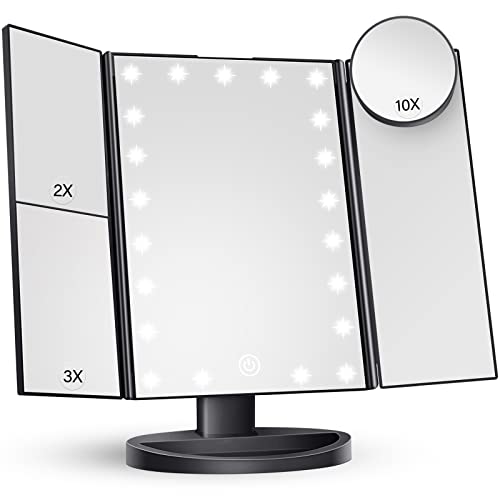 HUONUL Makeup Mirror Vanity Mirror with Lights, 2X 3X 10X Magnification, Lighted Makeup Mirror, Touch Control, Trifold Makeup Mirror, Dual Power