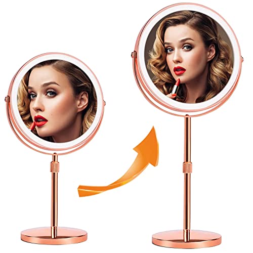 Lighted Magnifying Makeup Mirror with Lights,Height Adjustable,1x/10X Rechargeable Magnified Vanity Mirror with 3 Color Lights,360° Rotation Ligh