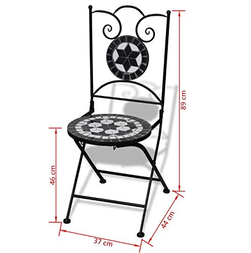 Foldable Bistro Chairs, Romantic Mosaic Bistro Chairs Weather-resistant Easy-to-Clean Ceramic Chair for Garden Patio Balcony Black and White