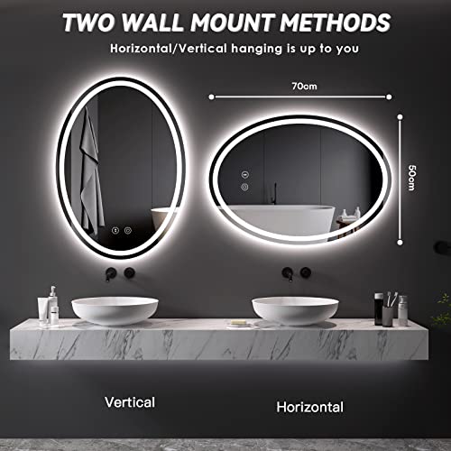 Dripex 500×700mm Oval LED Bathroom Mirror with Light, Illuminated Backlit Wall Mounted Bathroom Mirror with 3 Colors Light, Anti-fog Dimmable LED