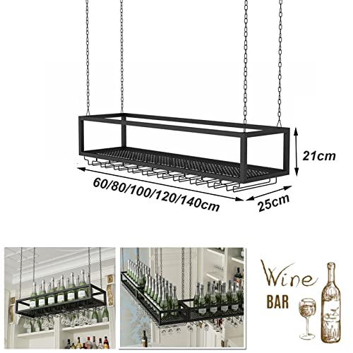 EYLINK Hanging Wine Rack with Glass Holder and Shelf Metal Ceiling Wine Bottle Holder Adjustable Height Ceiling Bar Wine Glass Rack Champagne Gob