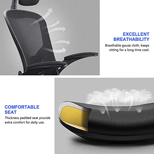 JAJALUYA Office Chair Mesh Computer Chair with Adjustable Headrest and Lumbar Support Desk Chair Ergonomic Office Chair with Flip-up Armrest for